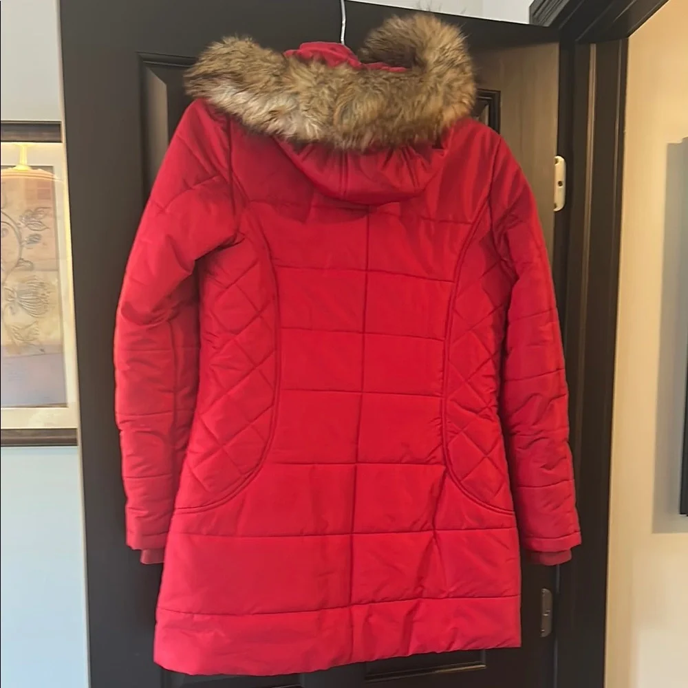 Susan Graver Red Puffer Coat with Faux Fur Hood - Picture 3 of 4